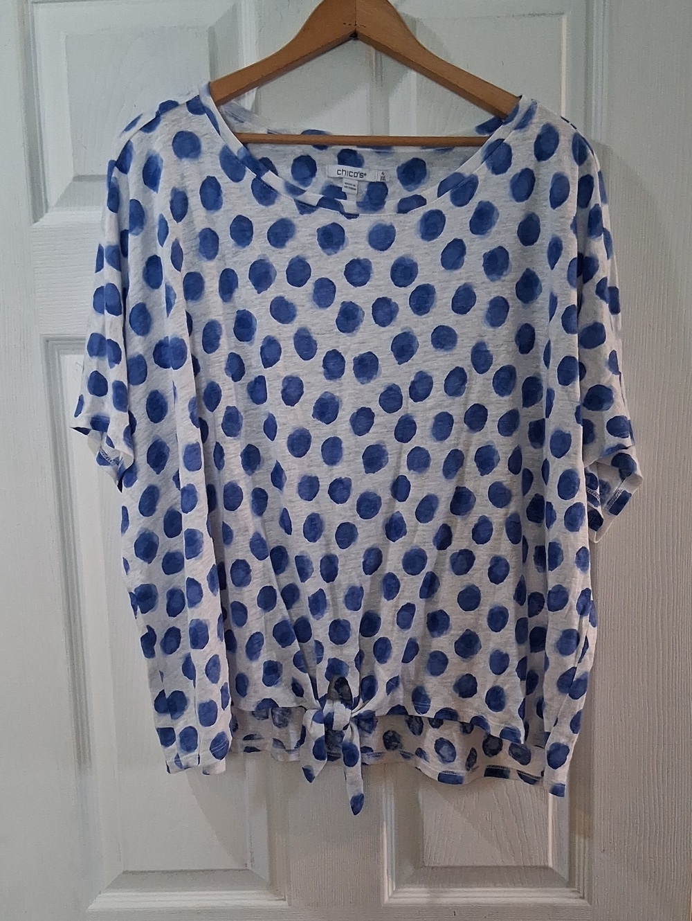 Chico's White Top with Blue Polka Dot Tie Front